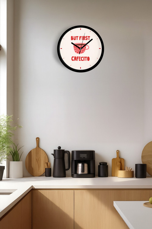 Kahve Temalı Mutfak Duvar Saati - 30Cm - Önü Camlı Siyah Kasa - Sessiz Mekanizma