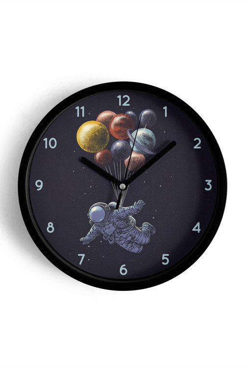 Uzay - Astronot - Gezegen Temalı Modern Duvar Saati - Çocuk Odası - 30Cm - Önü Camlı Siyah Kasa
