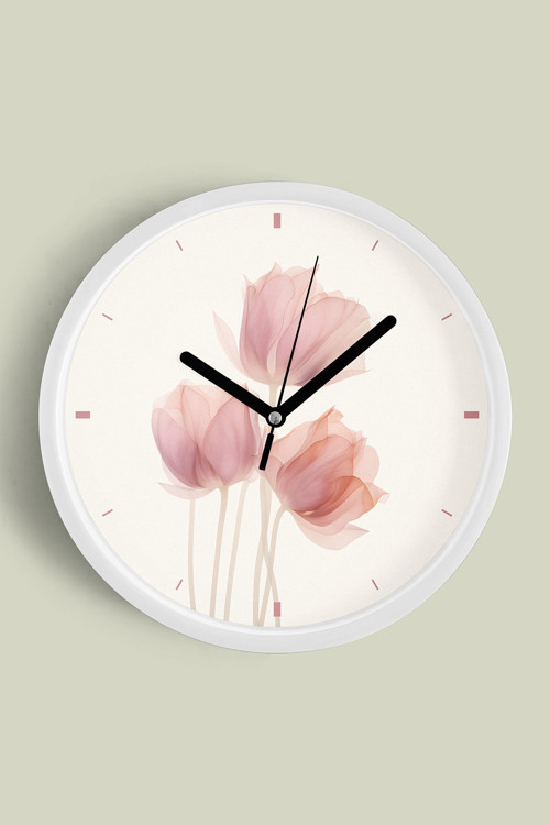Soyut - Minimal - Vintage - Bohem - Renkli Çiçek Temalı Modern Duvar Saati - 35Cm - Önü Camlı Beyaz