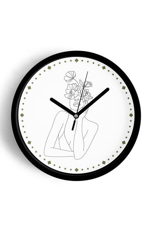 Çiçekli Kadın Silüeti Minimalist Modern Duvar Saati - 35Cm - Önü Camlı Siyah Kasa - Sessiz Mekanizma