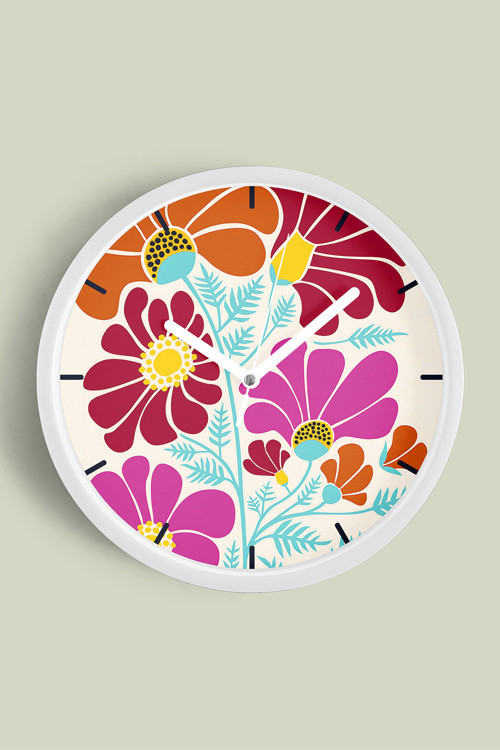 Soyut - Minimal - Vintage - Bohem - Renkli Çiçek Temalı Modern Duvar Saati - 35Cm - Önü Camlı Beyaz