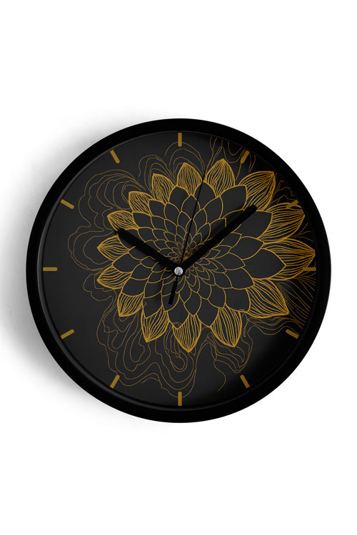 Mandala Tarzı Çiçek Çizimi Modern Duvar Saati - 35Cm - Önü Camlı Siyah Kasa - Sessiz Mekanizma