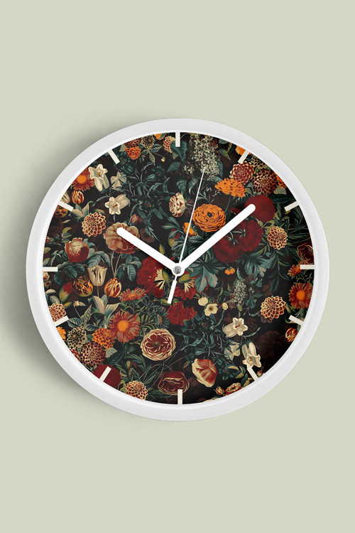Soyut - Minimal - Vintage - Bohem - Renkli Çiçek Temalı Modern Duvar Saati - 35Cm - Önü Camlı Beyaz