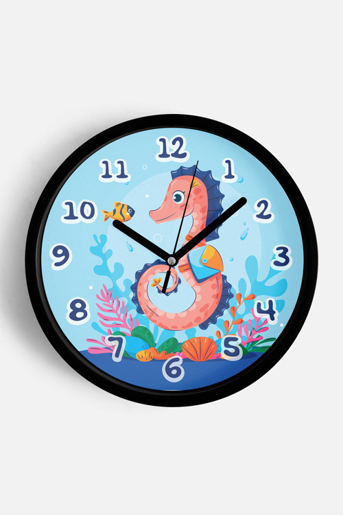 Sevimli Denizatı Çocuk Odası Duvar Saati - 35Cm - Önü Camlı Siyah Kasa - Sessiz Mekanizma