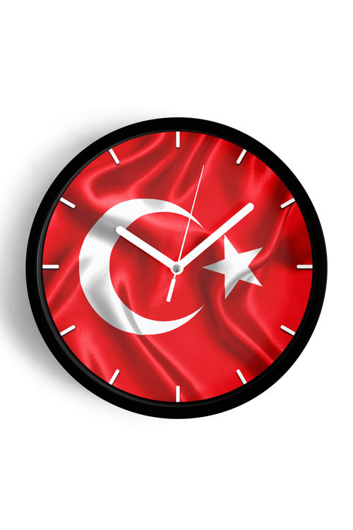 Türk Bayrağı Temalı Dekoratif Modern Duvar Saati - 30Cm - Önü Camlı Siyah Kasa - Sessiz Mekanizma