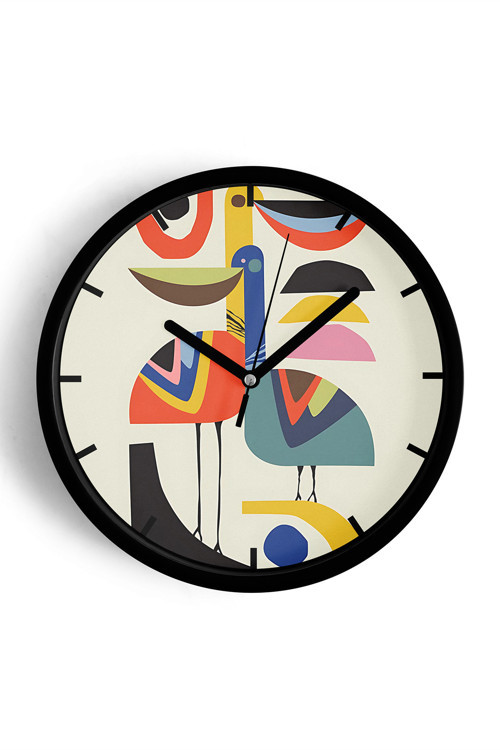 Sevimli Kuş Temalı Modern Duvar Saati - 25Cm - Önü Camlı Siyah Kasa - Sessiz Mekanizma