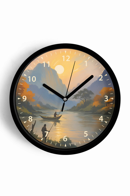 Doğa Manzara Temalı Modern Duvar Saati - 25Cm - Önü Camlı Siyah Kasa - Sessiz Mekanizma