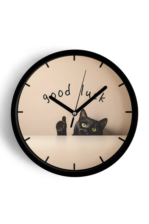 Good Luck Kedi Tasarımı Modern Duvar Saati - 30Cm - Önü Camlı Siyah Kasa - Sessiz Mekanizma