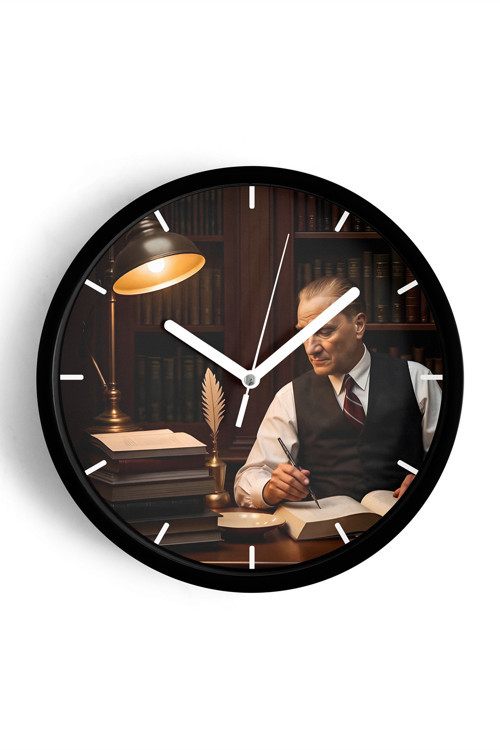 Atatürk Temalı Dekoratif Modern Duvar Saati - 35Cm - Önü Camlı Siyah Kasa - Sessiz Mekanizma