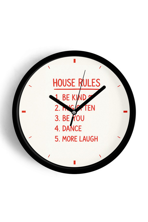 Modern Yazılı Tasarım - '' House Rules - Ev Kuralları '' Duvar Saati - 35Cm - Önü Camlı Siyah Kasa