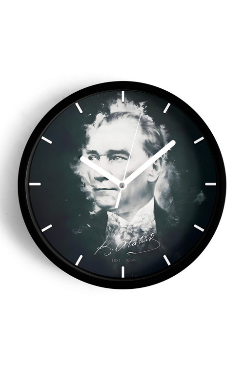 Atatürk Temalı Dekoratif Modern Duvar Saati - 35Cm - Önü Camlı Siyah Kasa - Sessiz Mekanizma