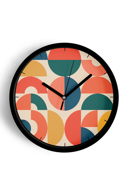 Geometrik Desenli Modern Tasarım Duvar Saati - 25Cm - Önü Camlı Siyah Kasa - Sessiz Mekanizma