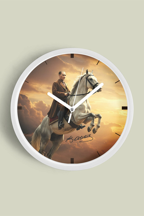 Atatürk Temalı Dekoratif Modern Duvar Saati - 25 Cm - Önü Camlı Beyaz Kasa - Sessiz Mekanizma