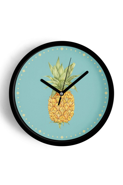Ananas Tasarımı Mutfak Duvar Saati - 30Cm - Önü Camlı Siyah Kasa - Sessiz Mekanizma