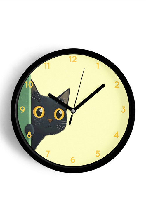 Sevimli Siyah Kedi Modern Duvar Saati - 25Cm - Önü Camlı Siyah Kasa - Sessiz Mekanizma