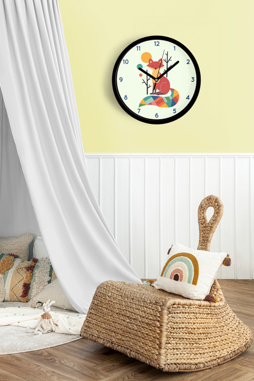 Sevimli Tilki Temalı Çocuk Odası Modern Duvar Saati - 30Cm - Önü Camlı Siyah Kasa - Sessiz Mekanizma