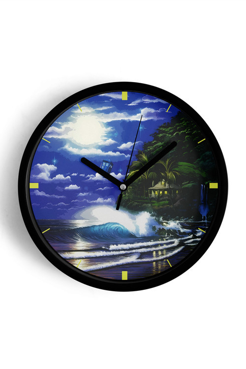 Gece Manzaralı Okyanus Dalgaları Modern Duvar Saati - 25Cm - Önü Camlı Siyah Kasa - Sessiz Mekanizma