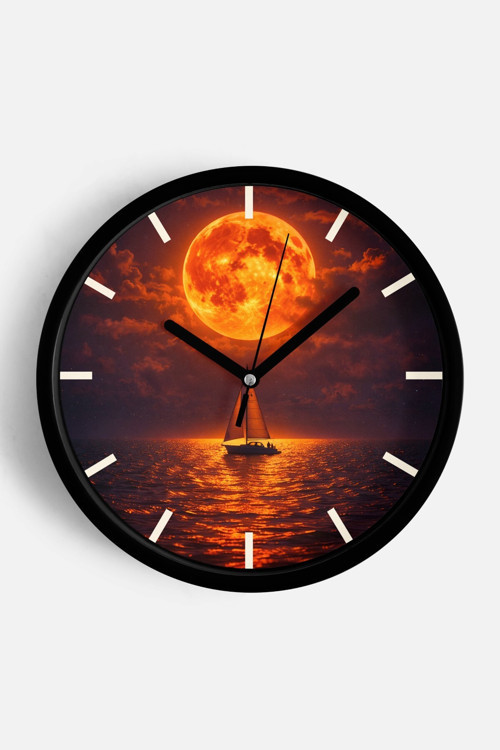 Soyut - Bohem - Doğa - Deniz Manzaralı Modern Duvar Saati - 30Cm - Önü Camlı Siyah Kasa