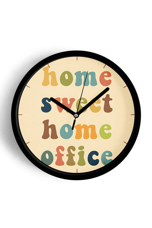 Modern Yazılı Tasarım - Home Sweet Home Office Duvar Saati - 35Cm - Önü Camlı Siyah Kasa