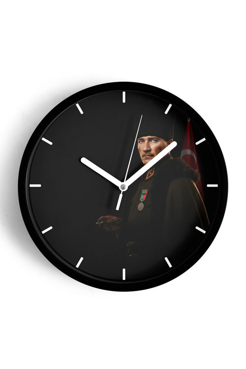 Atatürk Temalı Dekoratif Modern Duvar Saati - 30 Cm - Önü Camlı Siyah Kasa - Sessiz Mekanizma