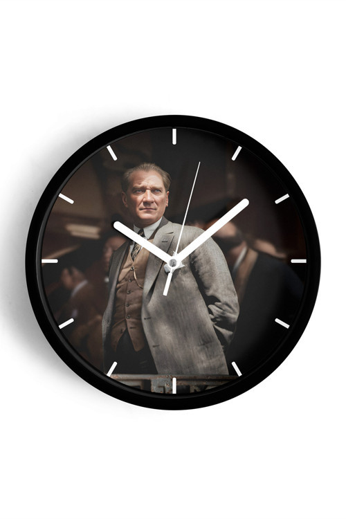 Atatürk Temalı Dekoratif Modern Duvar Saati - 30 Cm - Önü Camlı Siyah Kasa - Sessiz Mekanizma