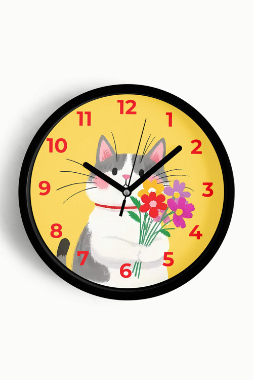 Sevimli Kedi Çocuk Odası Duvar Saati - 25Cm - Önü Camlı Siyah Kasa - Sessiz Mekanizma