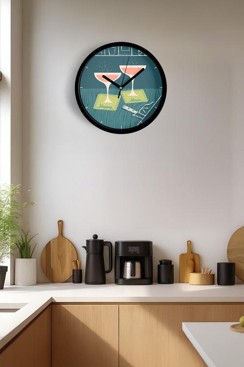 Kokteyl Bardağı Modern Tasarım Duvar Saati - 35Cm - Önü Camlı Siyah Kasa - Sessiz Mekanizma
