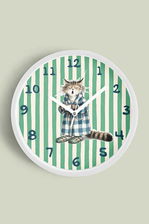 Kedi Tasarım Modern Çocuk Odası Duvar Saati - 35Cm - Önü Camlı Beyaz Kasa - Sessiz Mekanizma