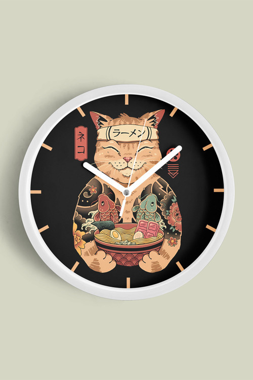 Kedi Ramen Modern Tasarım Duvar Saati - 42Cm - Önü Camlı Beyaz Kasa - Sessiz Mekanizma