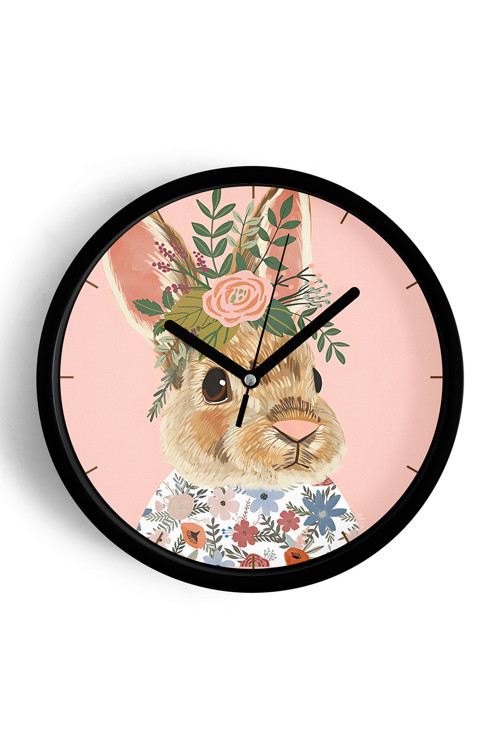 Sevimli Tavşan Modern Duvar Saati - Salon - Genç Odası - Çocuk Odası - 30Cm - Önü Camlı Siyah Kasa