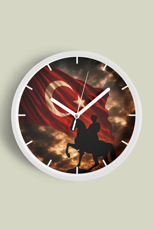 Atatürk Temalı Dekoratif Modern Duvar Saati - 35 Cm - Önü Camlı Beyaz Kasa - Sessiz Mekanizma