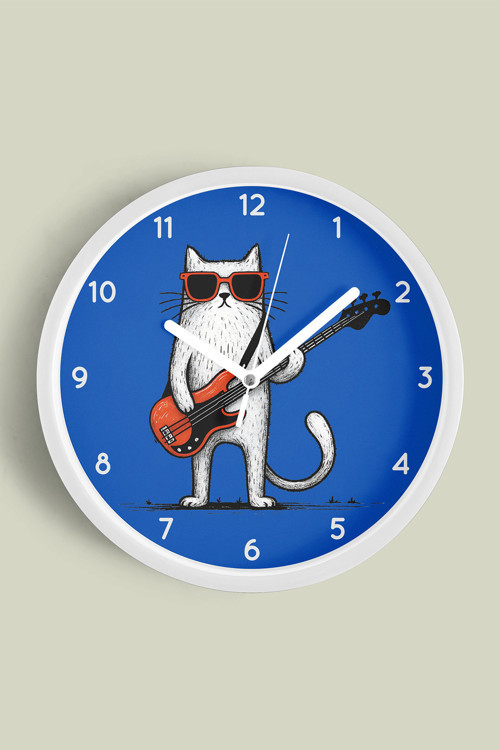 Gitar Çalan Kedi Modern Duvar Saati - 35Cm - Önü Camlı Beyaz Kasa - Sessiz Mekanizma