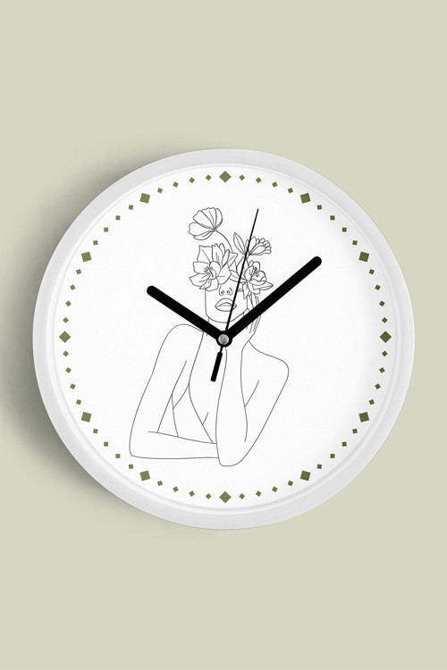 Çiçekli Kadın Silüeti Minimalist Modern Duvar Saati - 35Cm - Önü Camlı Beyaz Kasa - Sessiz Mekanizma