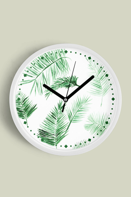 Tropikal Yaprak Desenli Modern Duvar Saati - 25Cm - Önü Camlı Beyaz Kasa - Sessiz Mekanizma