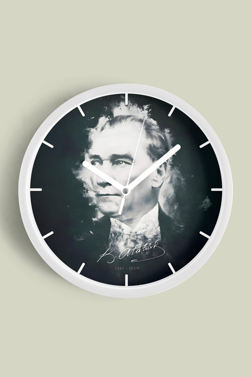 Atatürk Temalı Dekoratif Modern Duvar Saati - 35Cm - Önü Camlı Beyaz Kasa - Sessiz Mekanizma