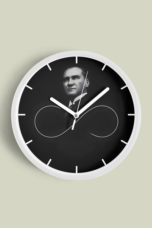 Atatürk Temalı Dekoratif Modern Duvar Saati - 35Cm - Önü Camlı Beyaz Kasa - Sessiz Mekanizma