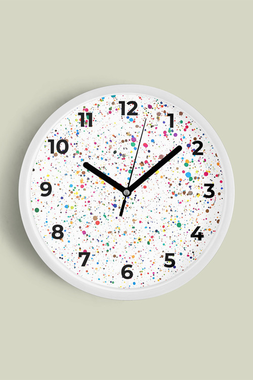 Renkli Noktalar Modern Duvar Saati - 25Cm - Önü Camlı Beyaz Kasa - Sessiz Mekanizma