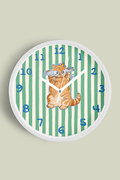 Kedi Tasarım Modern Çocuk Odası Duvar Saati - 35Cm - Önü Camlı Beyaz Kasa - Sessiz Mekanizma