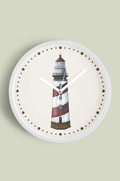 Deniz Feneri Modern Duvar Saati - 35Cm - Önü Camlı Beyaz Kasa - Sessiz Mekanizma