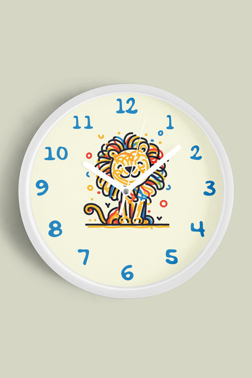 Sevimli Aslan Çocuk Odası Duvar Saati - 35Cm - Önü Camlı Beyaz Kasa - Sessiz Mekanizma
