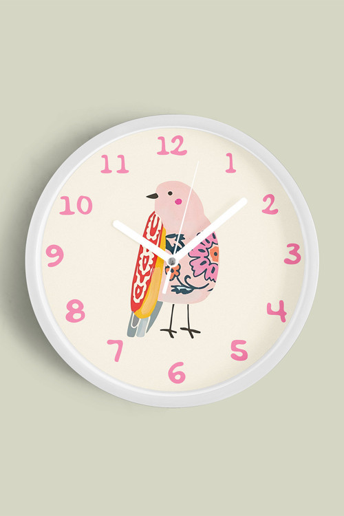 Sevimli Kuş Çocuk Odası Duvar Saati - 35Cm - Önü Camlı Beyaz Kasa - Sessiz Mekanizma
