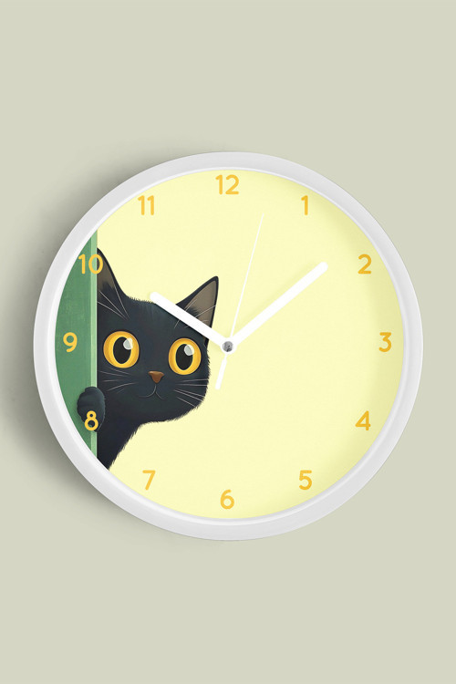 Sevimli Siyah Kedi Modern Duvar Saati - 25Cm - Önü Camlı Beyaz Kasa - Sessiz Mekanizma