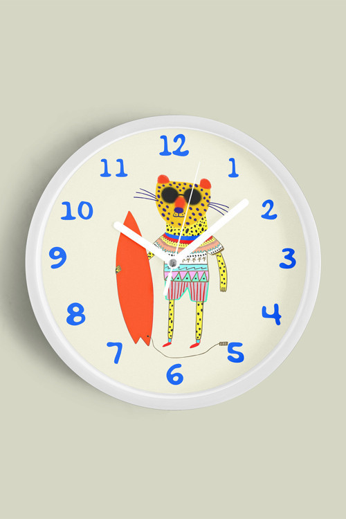 Sörf Tahtalı Leopar Çocuk Odası Duvar Saati - 30Cm - Önü Camlı Beyaz Kasa - Sessiz Mekanizma
