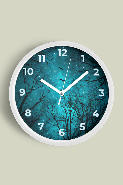 Soyut Gece Görüşü Modern Duvar Saati - 25Cm - Önü Camlı Beyaz Kasa - Sessiz Mekanizma