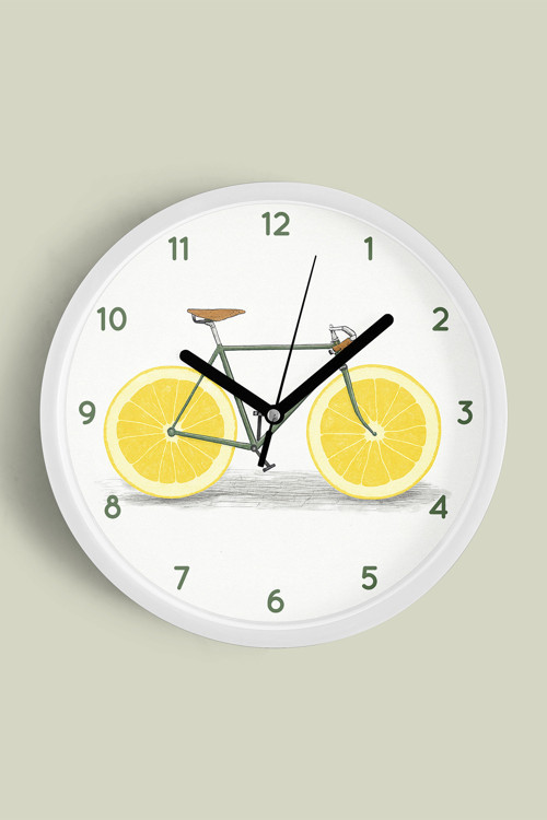 Limon Bisikleti Modern Tasarım Mutfak Duvar Saati - 42Cm - Önü Camlı Beyaz Kasa - Sessiz Mekanizma