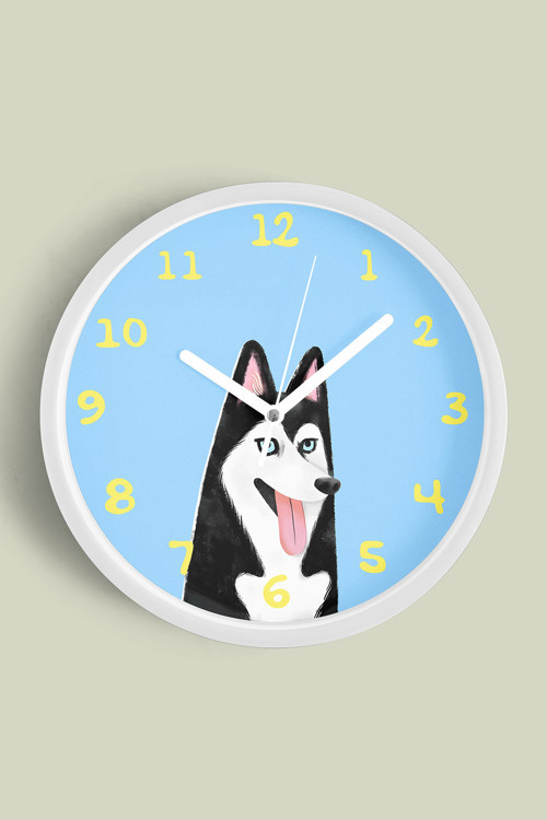 Husky Köpek İllüstrasyonlu Modern Duvar Saati - Çocuk Odası Duvar Saati - 30Cm - Önü Camlı Beyaz Kas