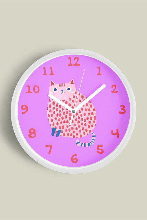 Kedi Tasarım Modern Duvar Saati - Çocuk Odası Duvar Saati - 30Cm - Önü Camlı Beyaz Kasa