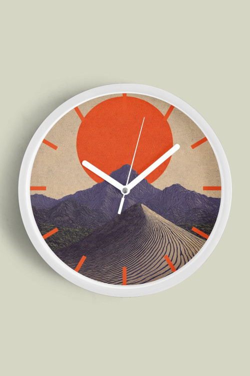 Soyut - Bohem - Doğa - Deniz Manzaralı Modern Duvar Saati - 25Cm - Önü Camlı Beyaz Kasa