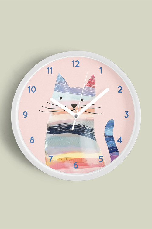 Renkli Kedi Tasarım Modern Duvar Saati - Çocuk Odası Duvar Saati - 25Cm - Önü Camlı Beyaz Kasa