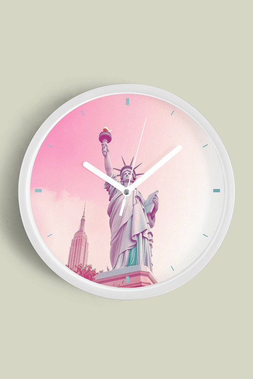 Özgürlük Heykeli Modern Duvar Saati - 25Cm - Önü Camlı Beyaz Kasa - Sessiz Mekanizma